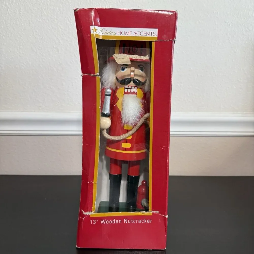 Nutcracker Fireman Figurine Wooden Vintage Holiday Home Accent Hose Fire Hydrant